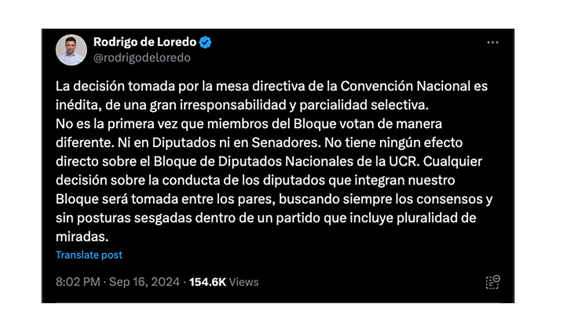 Captura tuit - Rodrigo de Loredo criticó la desafiliación de los cuatro diputados radicales que apoyaron el veto de Milei a la ley de movilidad jubilatoria