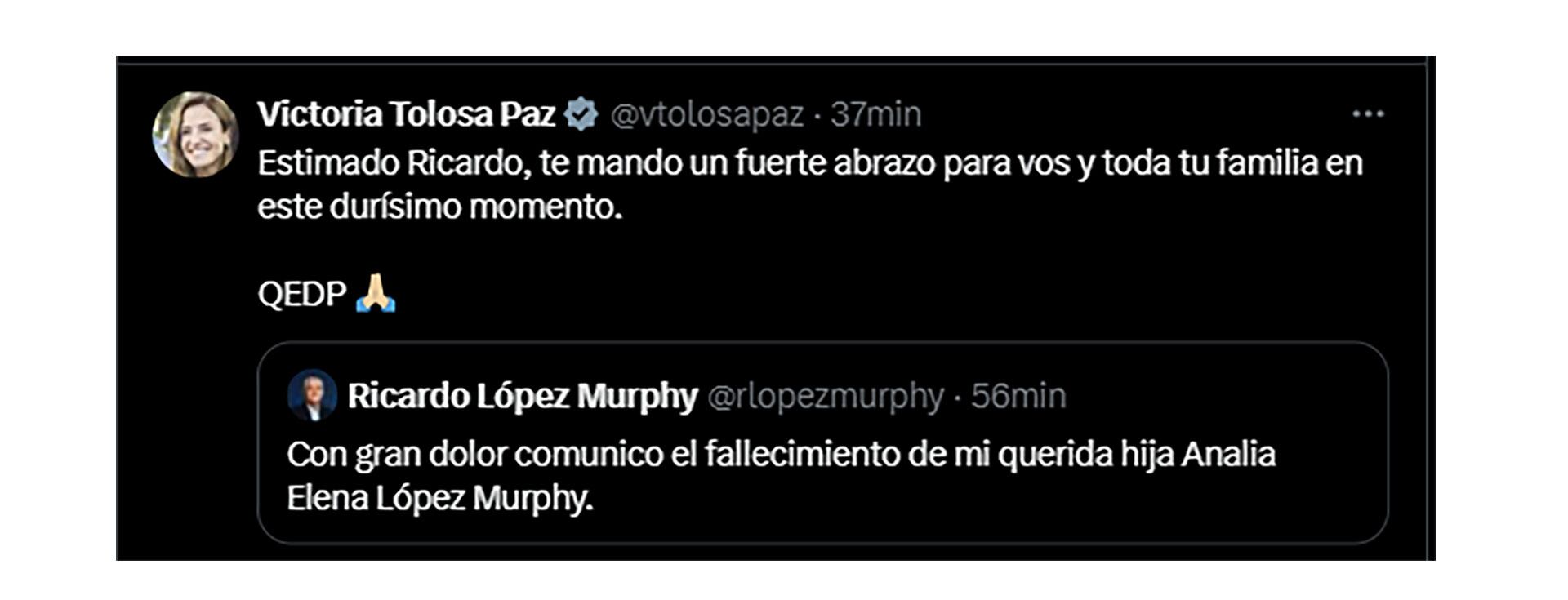 Mensajes por la muerte de la hija de Lopez Murphy