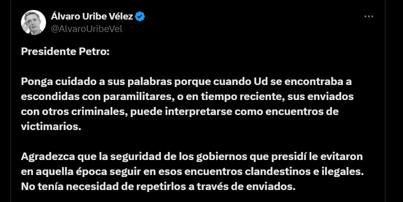 Pronunciamiento de Álvaro Uribe en contra del presidente Gustavo Petro - crédito @AlvaroUribeVel/X