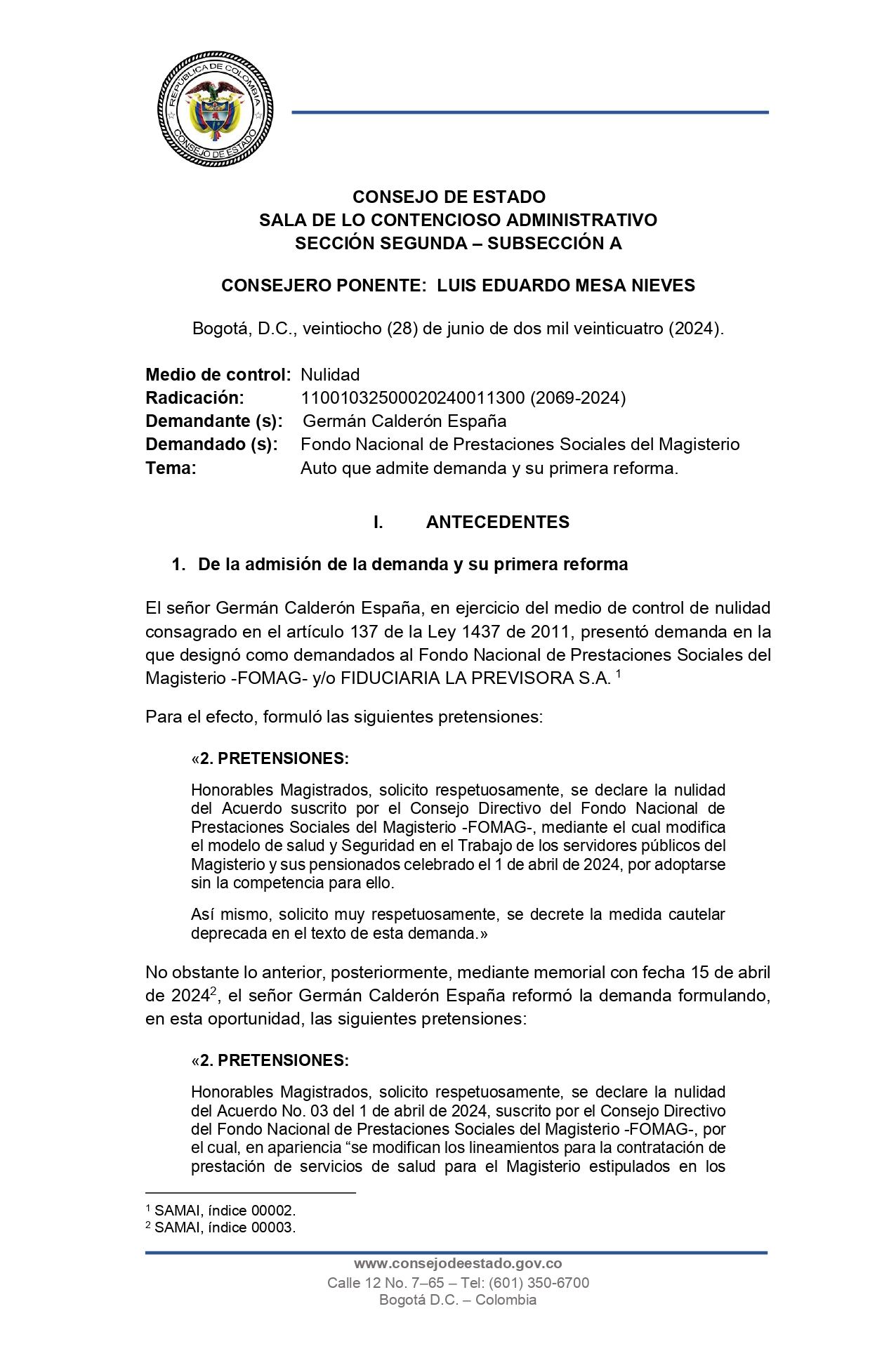 Demanda aceptada por el Consejo de Estado - crédito Consejo de Estado