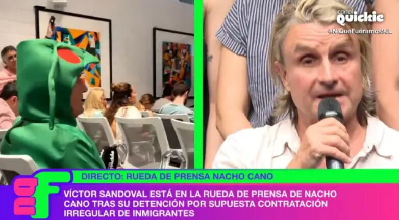 Víctor Sandoval, colaborador de 'Ni que fuéramos Shhh', aparece disfrazado de insecto en la rueda de prensa de Nacho Cano (Canal Quickie)