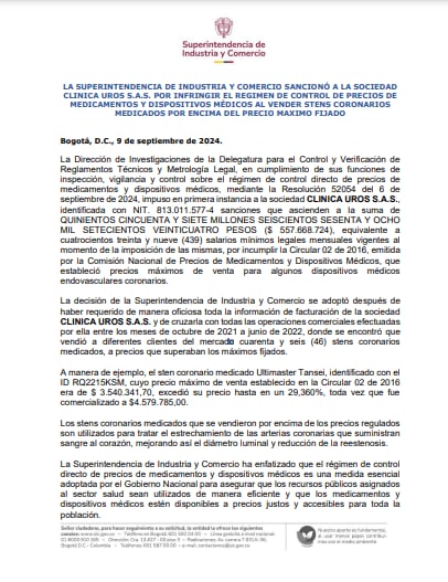 Superintendencia de Industria y Comercio sancionó con más de $500 millones a clínica Uros por venta de servicios por valores superiores a los permitidos - crédito SIC