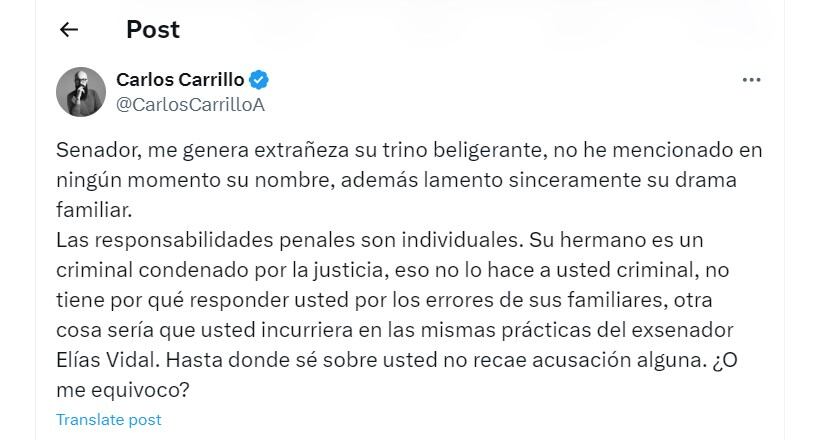 Carlos Carrillo le responde al senador Elías Vidal - crédito @CarlosCarrilloA