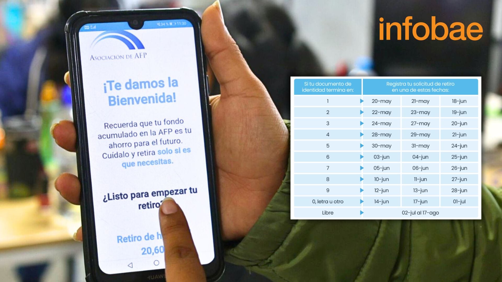 Mano con celular y pantalla de página para solicitar retiro AFP con captura del cronograma con DNI