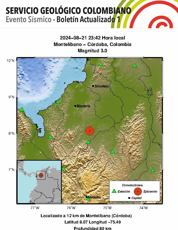 Temblor en Córdoba reportado por el Servicio Geológico Colombiano - crédito @sgcol/X