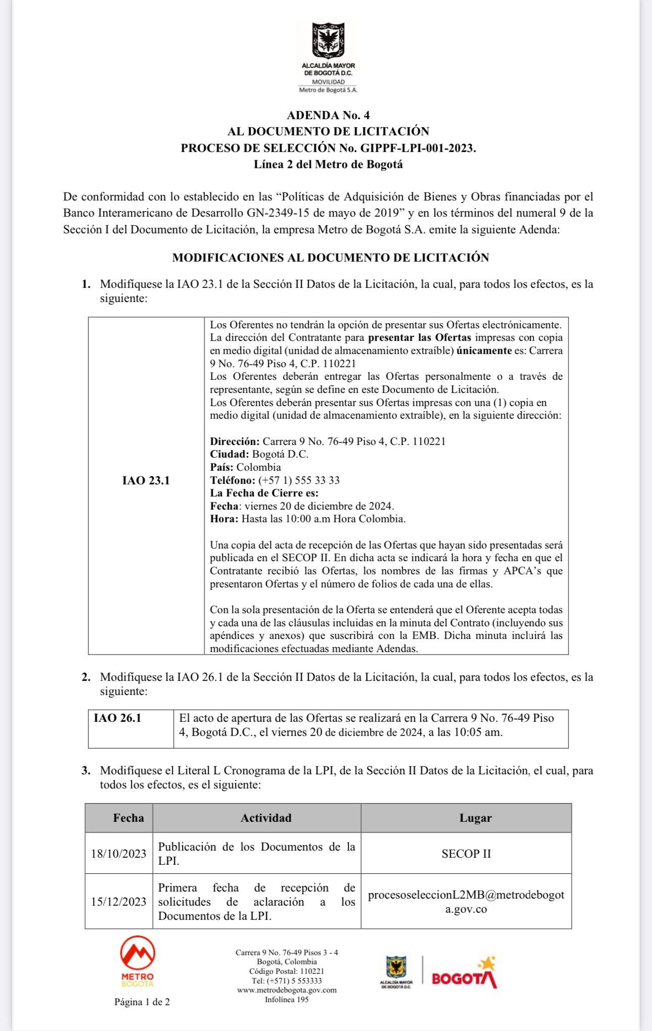 Esta es la adenda que confirma la prórroga para la adjudicación de la segunda línea del Metro de Bogotá - crédito @Danielbricen/X