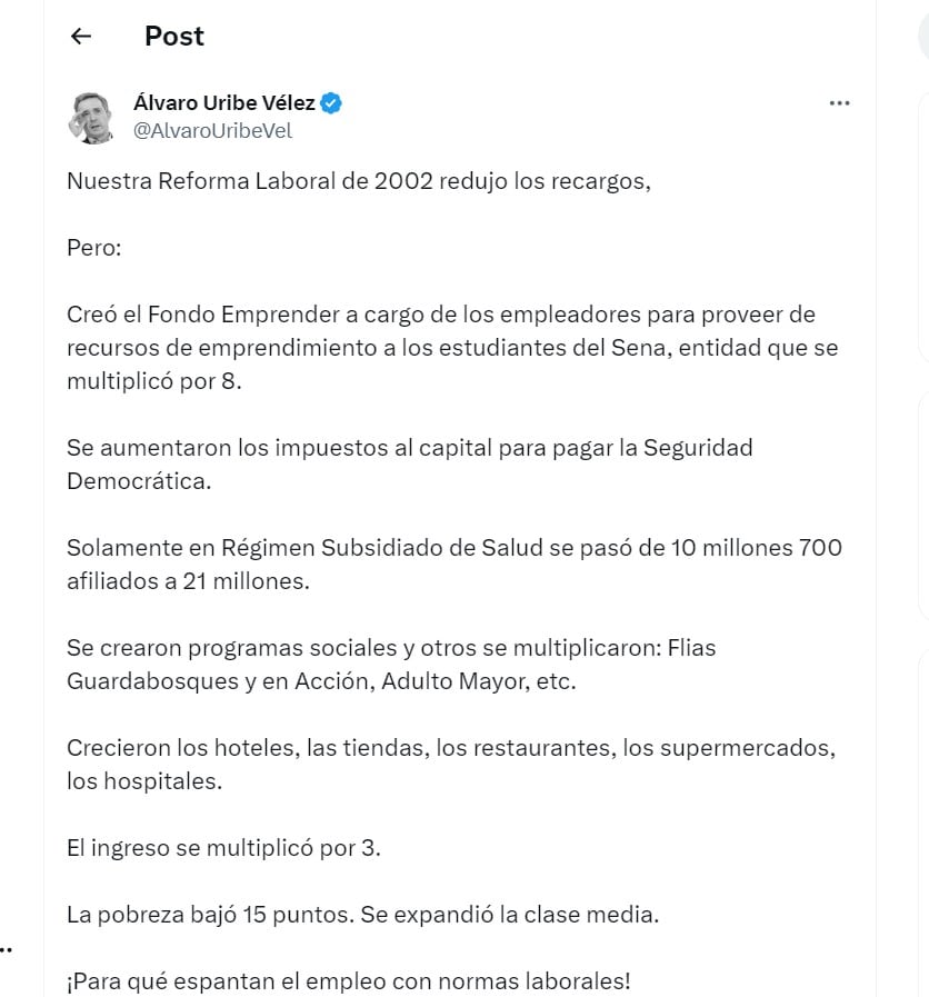 Álvaro Uribe destacó su reforma laboral del 2002 - crédito @AlvaroUribeVel