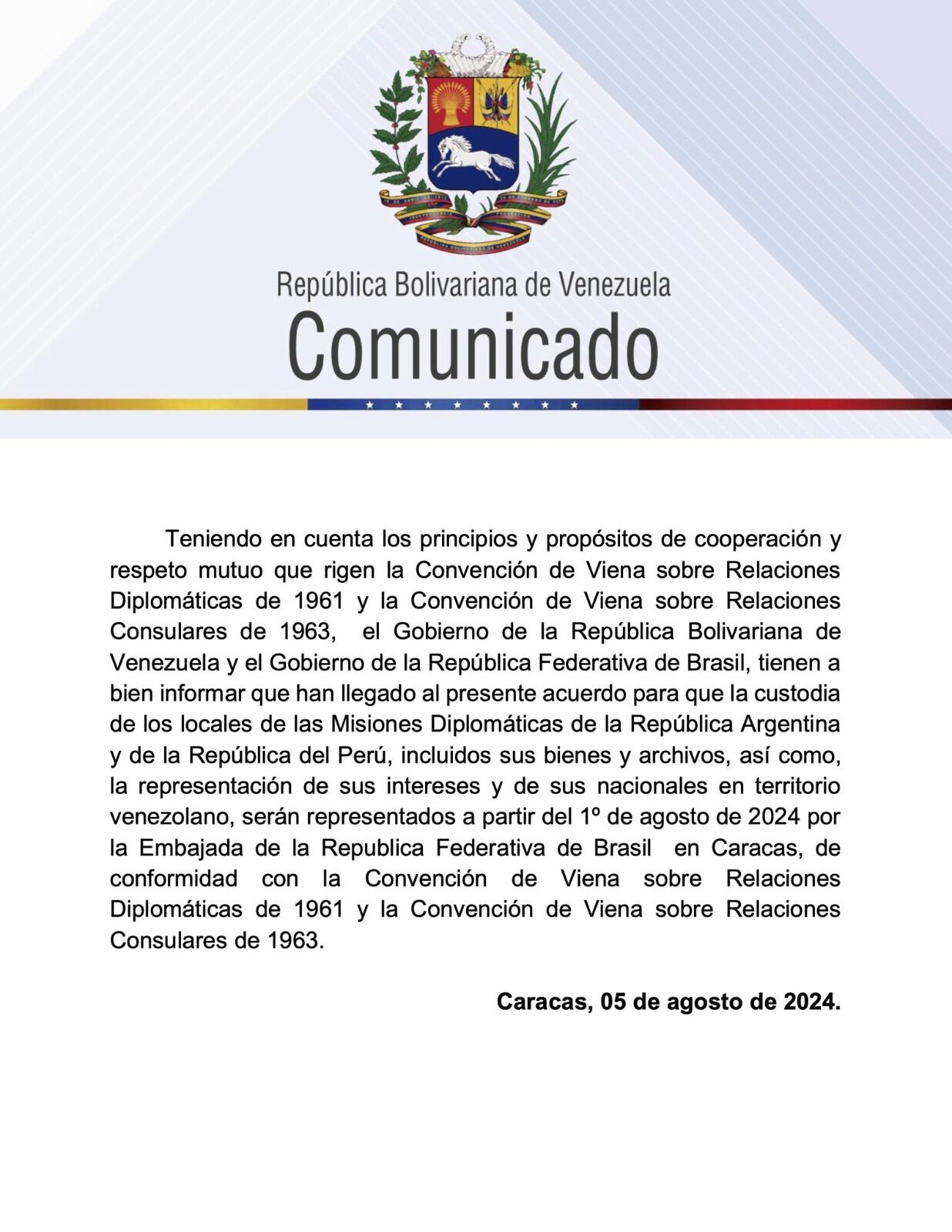 Comunicado de la cancillería venezolana que anuncia que Brasil tomará la custodia de los locales de las embajadas de Perú y Argentina en Caracas