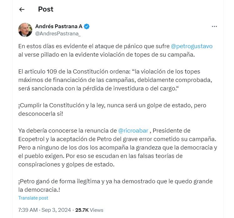 Andrés Pastrana se va en contra de Gustavo Petro por investigación del CNE a su campaña - crédito @AndresPastrana_