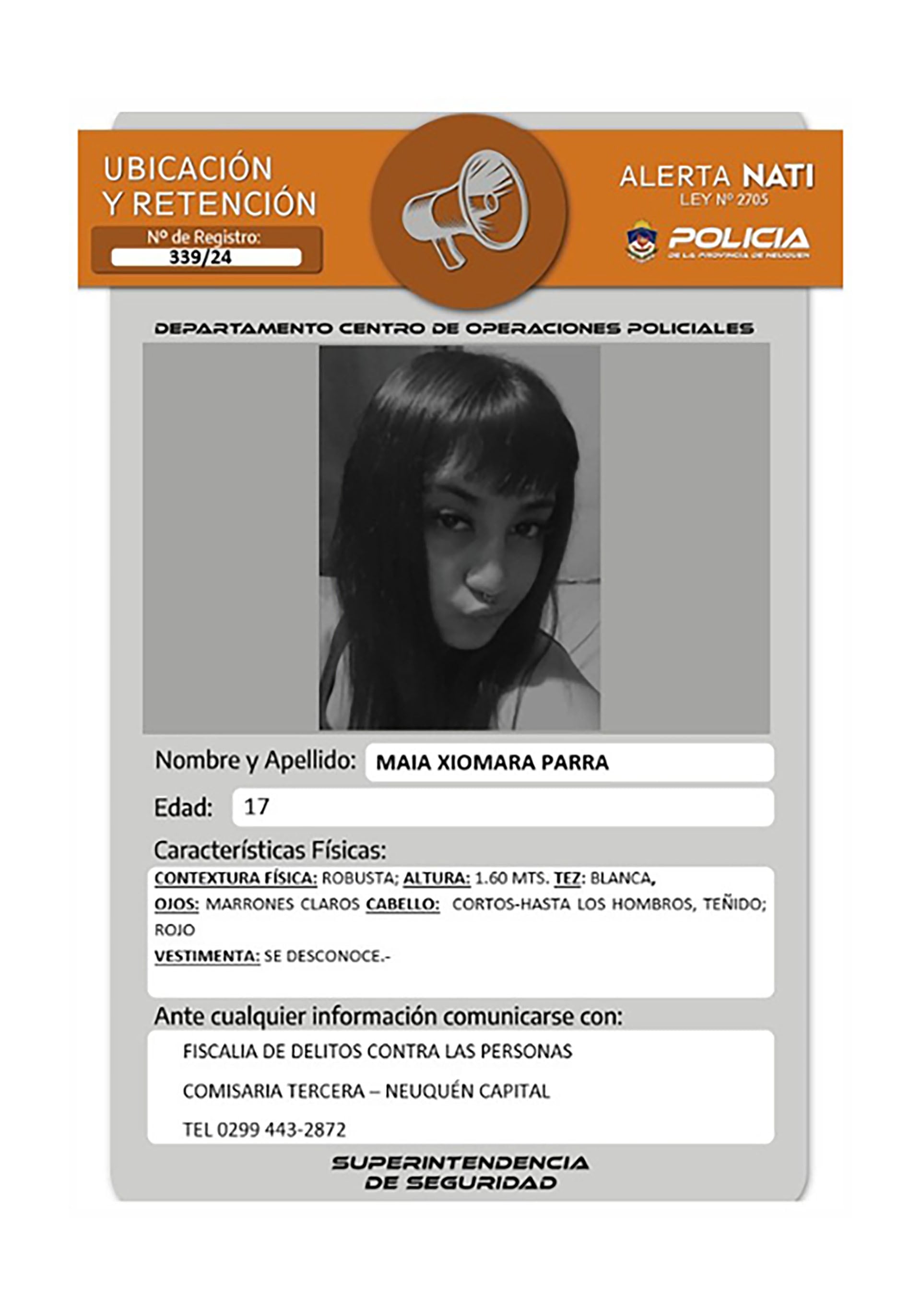 Maia Xiomara Parra adolescente desaparecida