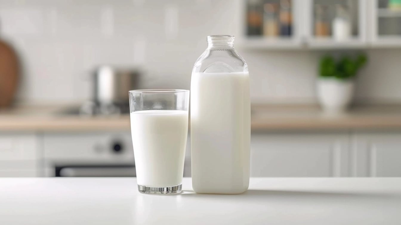 Imagen de una botella de leche rodeada de otros alimentos básicos, resaltando su papel crucial en la alimentación diaria y su contribución al aporte de calcio necesario para el organismo. Palabras clave: alimentación diaria, aporte de calcio, botella de leche, dieta equilibrada, fuente de nutrición, productos lácteos, esencial, salud alimentaria, consumo de leche, bienestar. (Imagen ilustrativa Infobae)