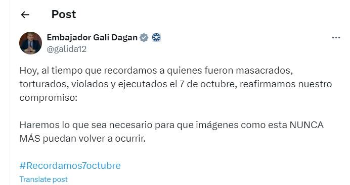 Gali Dagan  exembajador de Israel en Colombia habló del atentado de Hamas a Israel de hace un año - crédito @galida12