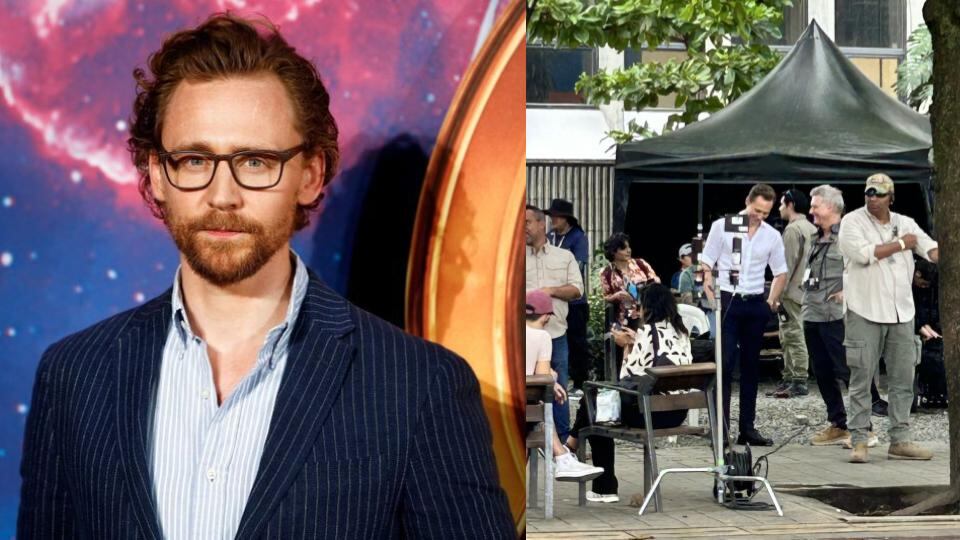 Tom Hiddleston sigue en Medellín y fue captado durante una escena de acción de la serie que actualmente filma en la capital antioqueña - crédito Henry Nicholls/REUTERS y @perez_botero71/X