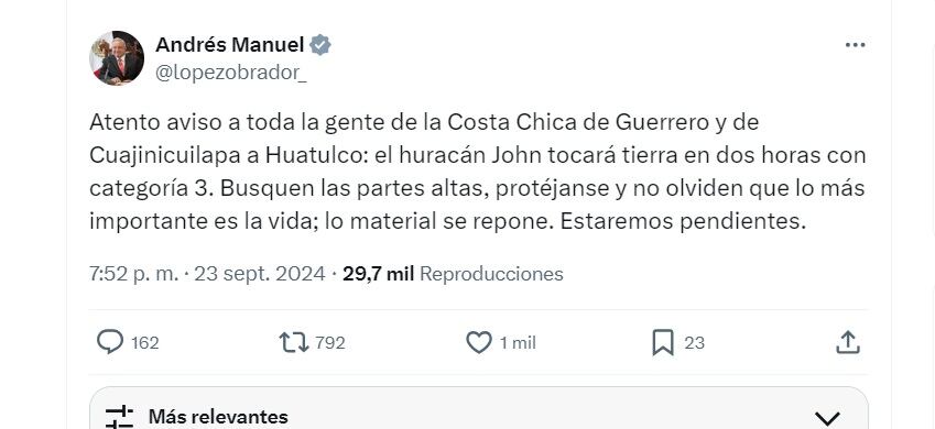 Huracán John mensaje AMLO - 23 septiembre