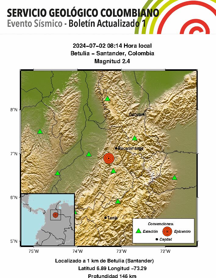 Sismo en Betulia, Santander, el 2 de julio de 2024 - crédito SGC