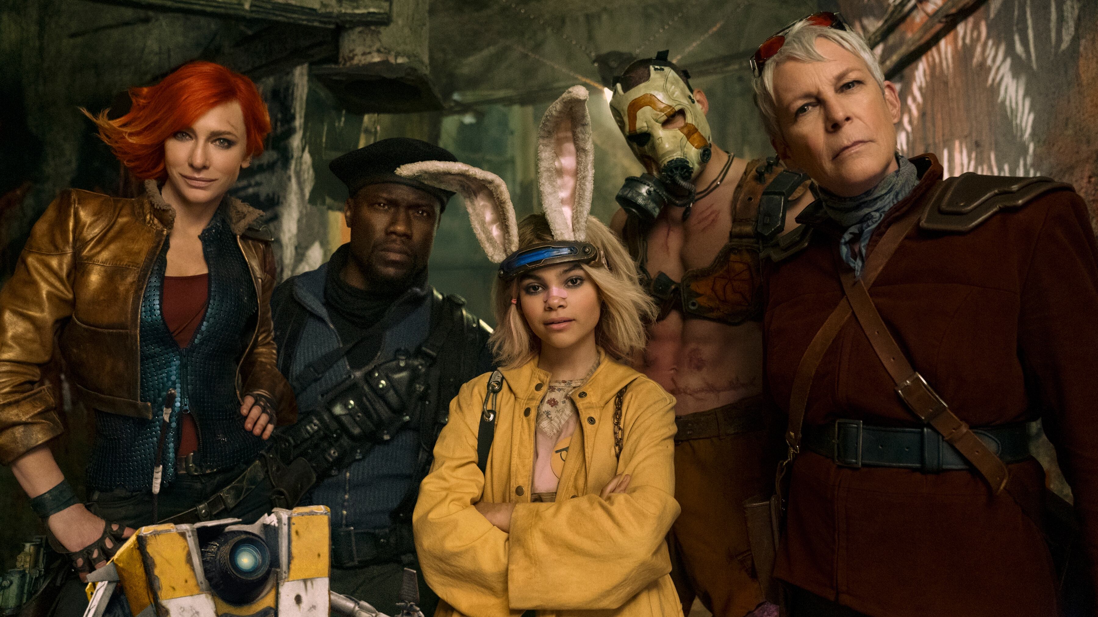 Fotografía cedida por Lionsgate de Cate Blanchett como Lilith, Kevin Hart como Roland, Ariana Greenblatt como Tiny Tina, Florian Munteanu como Krieg y Jamie Lee Curtis como Tannis en la película Borderlands. EFE/ Katalin Vermes/Lionsgate