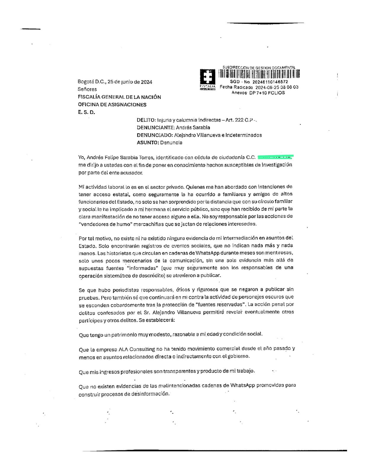 Denuncia de Andrés Sarabia en la Fiscalía - crédito Fiscalía
