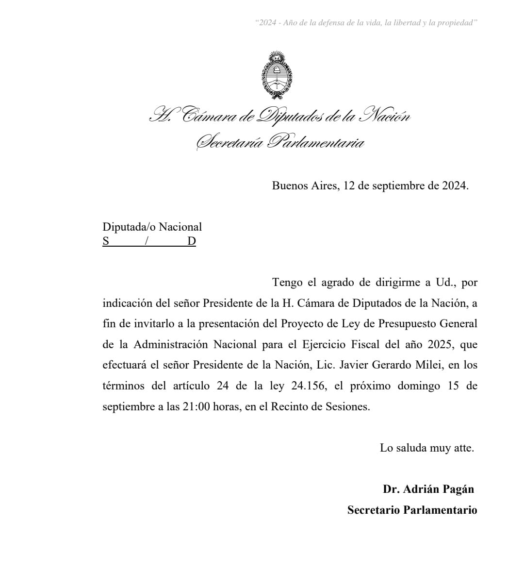 La invitación de la Cámara baja a los diputados para el domingo