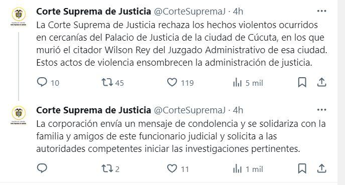 Corte Suprema de Justicia se refirió a muerte de funcionario de la rama judicial en Cúcuta - crédito @CorteSupremaJ/X