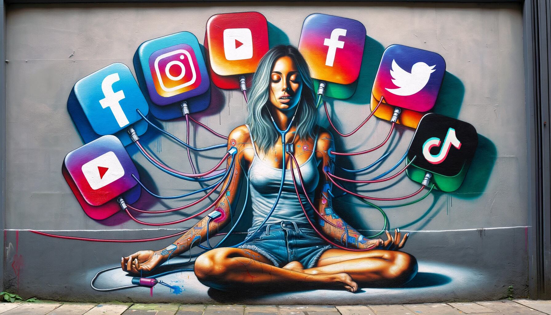 persona conectada por cables a logos de apps, social media, youtube, facebook, instagram, twitter, tik tok, whatsapp, celular, móviles, conexión, virtualidad - (Imagen Ilustrativa Infobae)