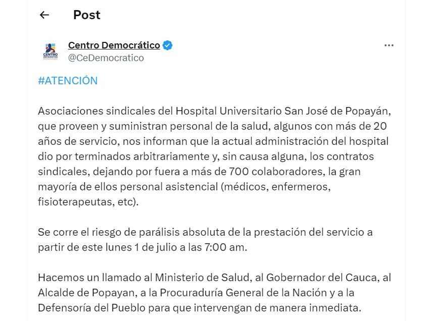 Centro Democrático hizo un llamado a instituciones del Gobierno para que atiendan situación en el Hospital Universitario San José de Popayán - crédito @CeDemocratico