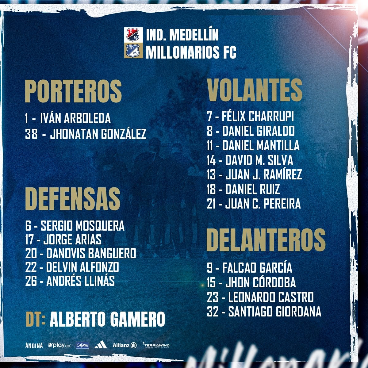 Estos son los 18 jugadores que dispone el técnico Alberto Gamero para el partido de esta noche ante Medellín - crédito @MillosFCOficial / X