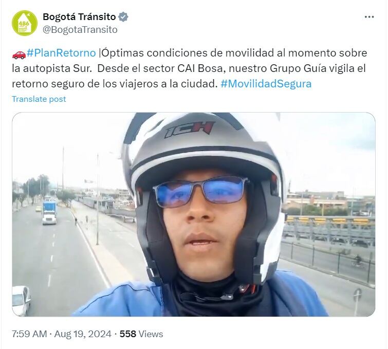 Total normalidad en la autopista sur de Bogotá - crédito @BogotaTransito/X