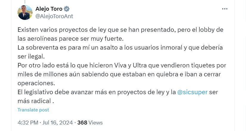 Alejo Toro dijo que el legislativo tendrá que trabajar en más iniciativas para regular aerolíneas - crédito @AlejoToroAnt