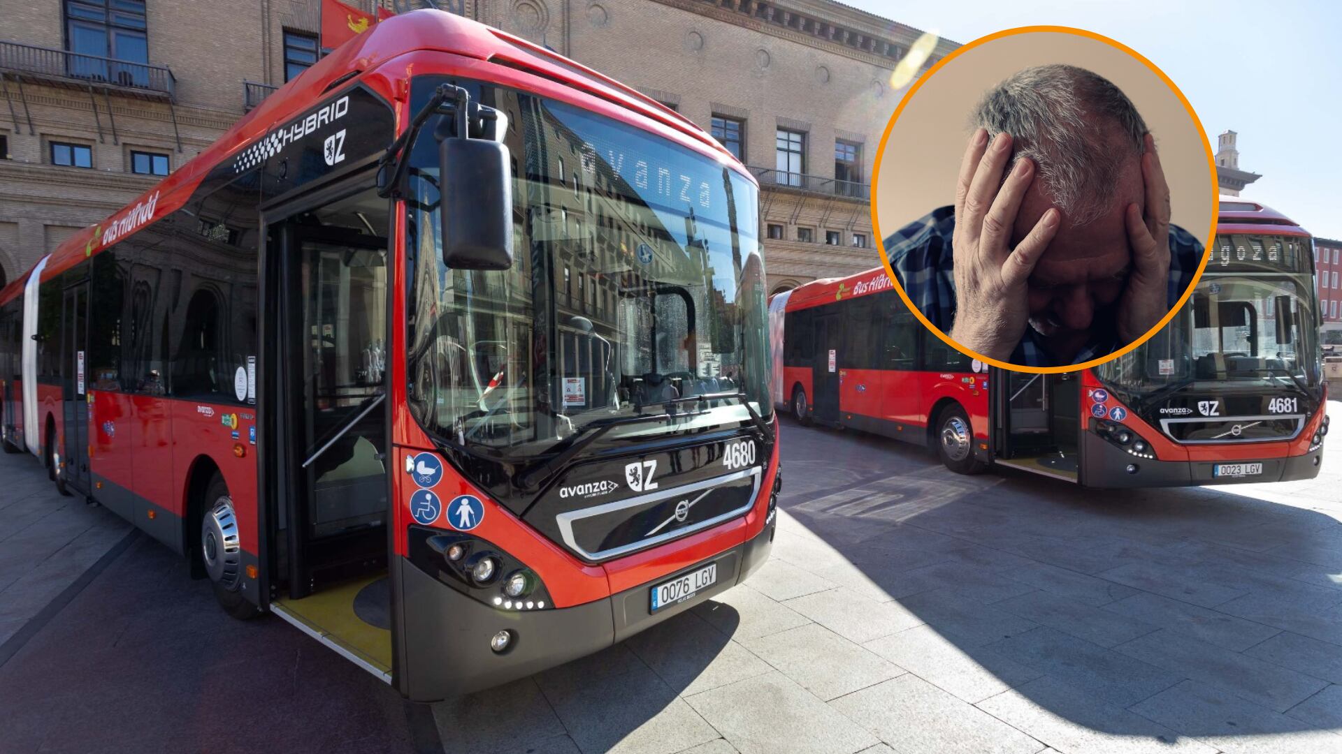 Montaje con una imagen de autobuses urbanos de Zaragoza (Ayuntamiento de Zaragoza) y un hombre con dolor de cabeza (Pixabay).