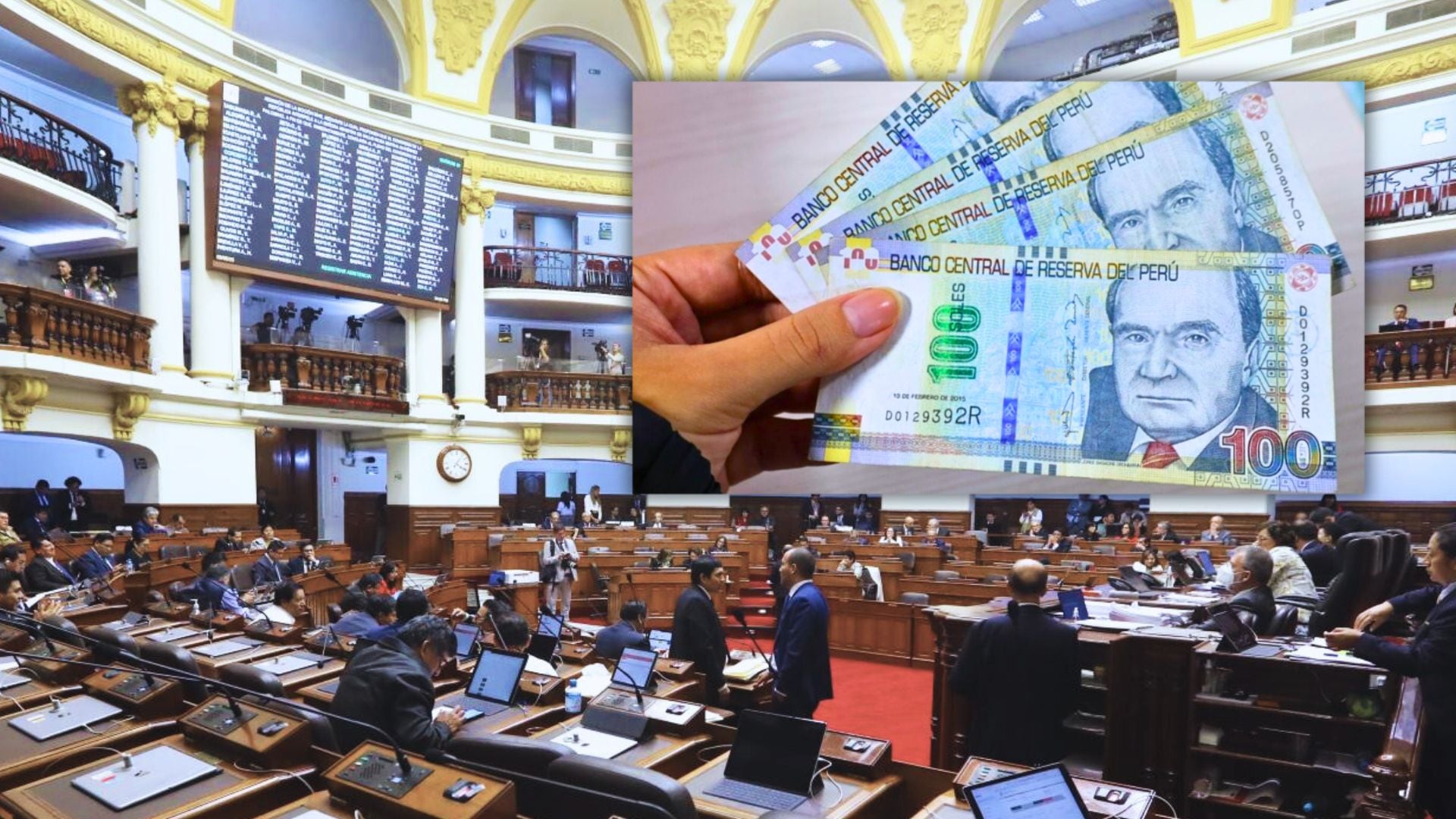 Mano con billetes de soles sobre foto del Congreso