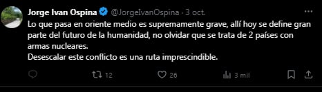 Jorge Iván Ospina se refirió al conflicto entre Israel y Gaza - crédito @JorgeIvánOspina/X