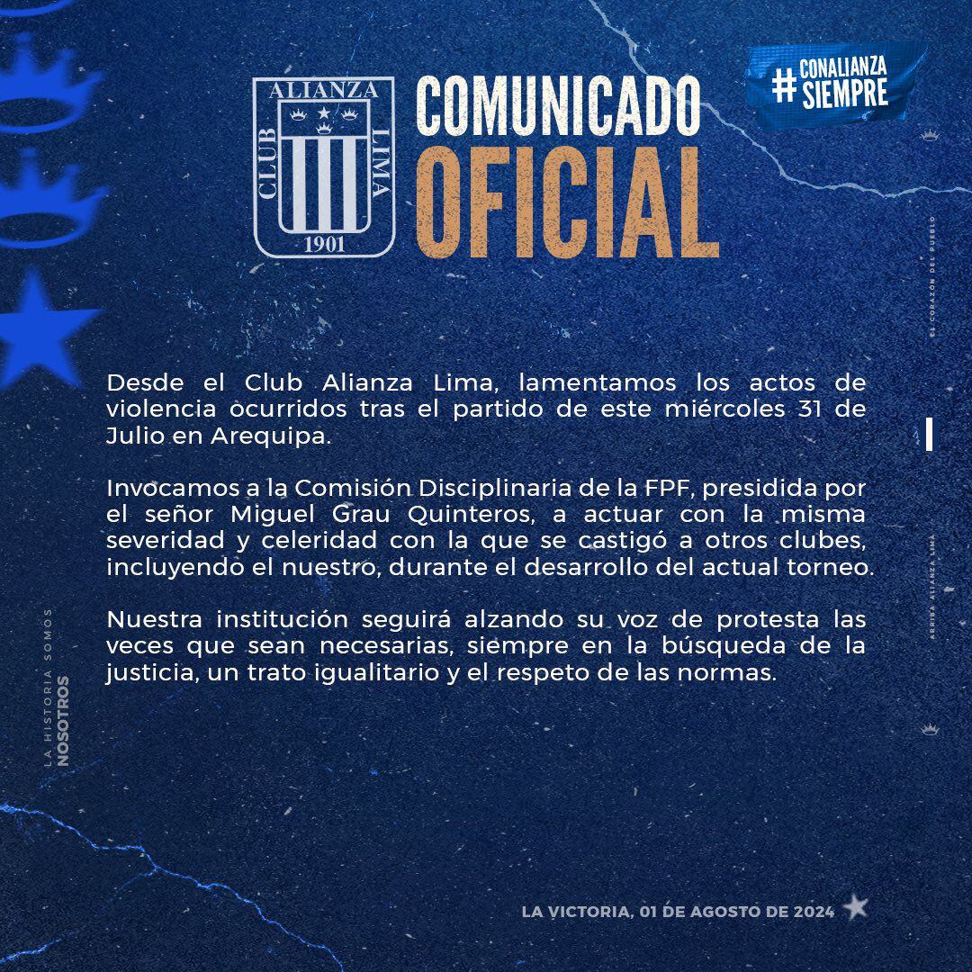 Comunicado de Alianza Lima tras batalla campal en Universitario vs Melgar.