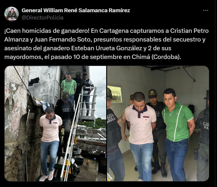 Miembros de la Policía Nacional y el CTI capturaron a Cristian Petro Almanza y Juan Fernando Soto en Cartagena, tras diez días de búsqueda - crédito @DirectorPolicia / X