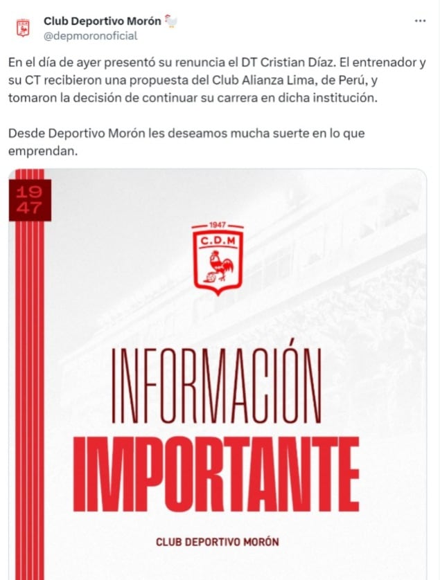 Deportivo Morón confirmó la renuncia de Cristian Díaz.