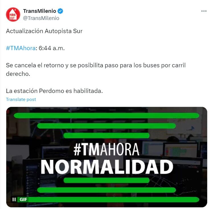 La operación del sistema de transporte por la Autopista Sur vuelve a la normalidad - crédito @TransMilenio/X