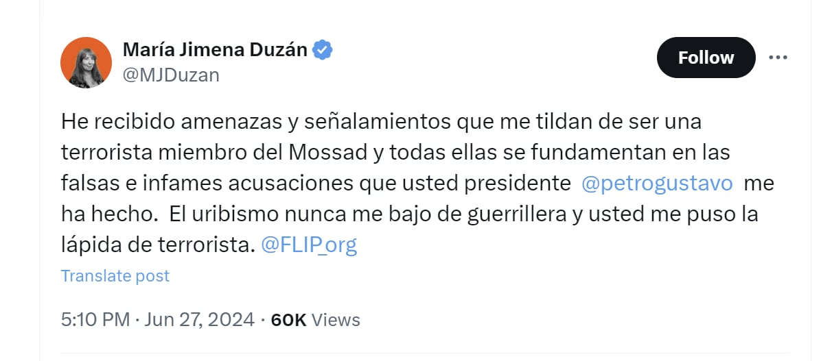 María Jimena Duzán informó que ha recibido amenazas - crédito @MJDuzan/X