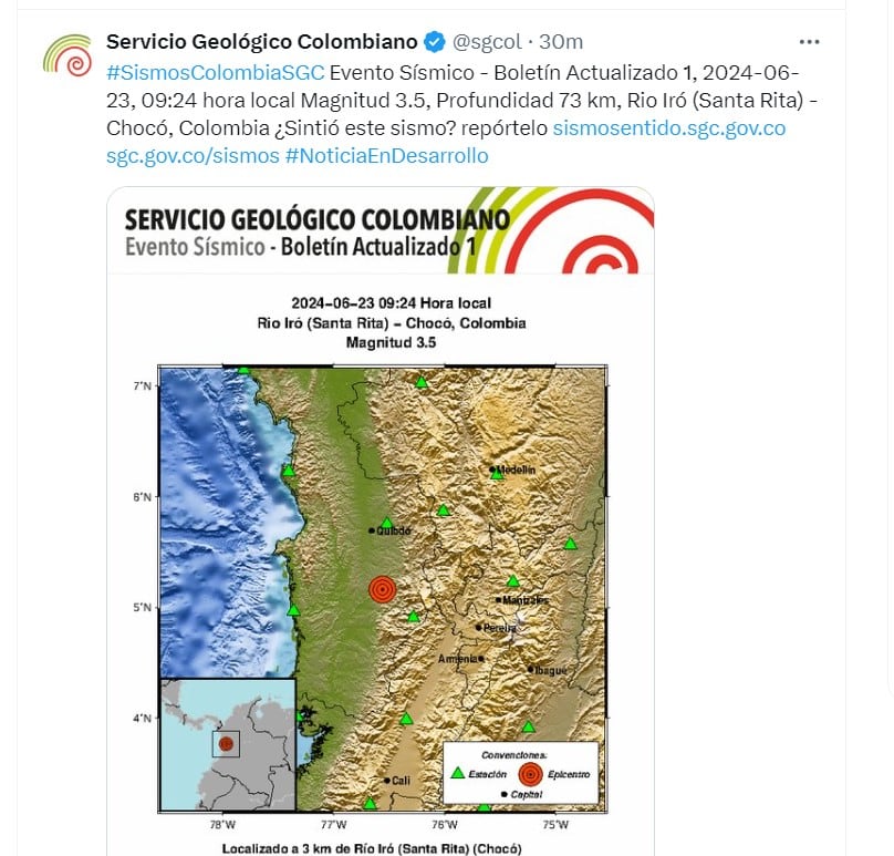 Servicio Geológico Colombiano informa de un temblor en el Chocó - crédito @sgcol