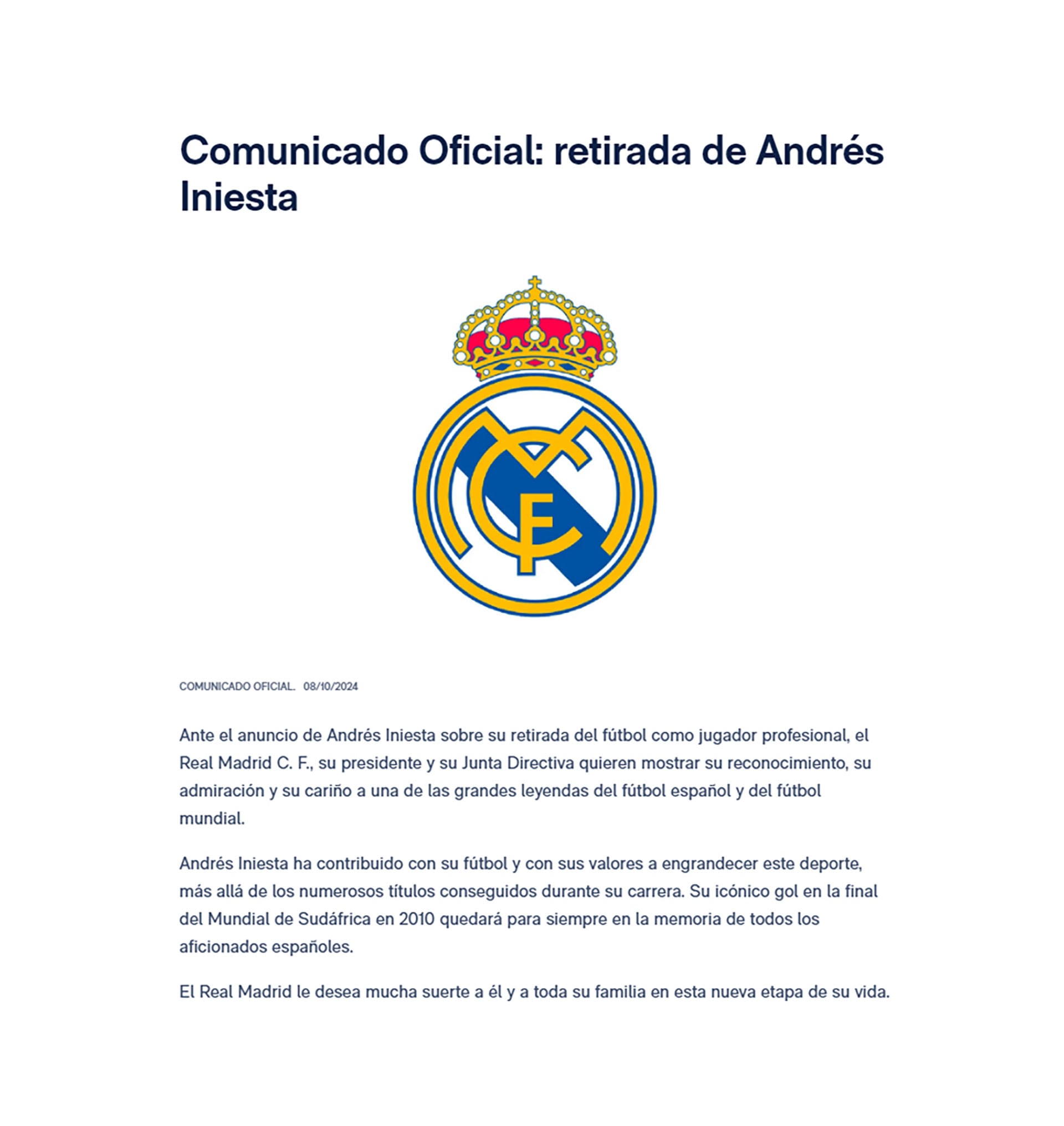 Comunicado del Real Madrid dedicado a Andrés Iniesta captura