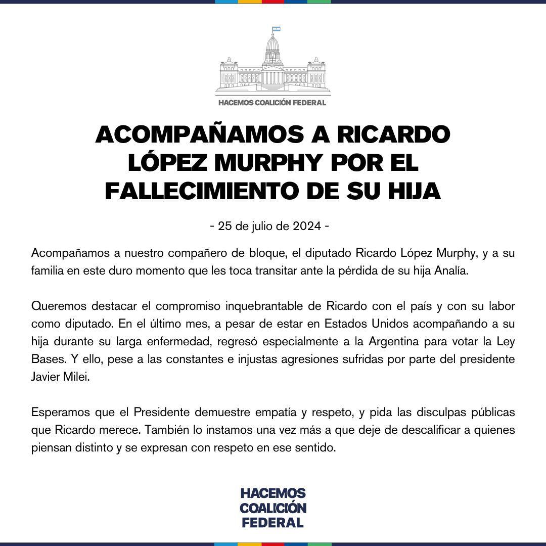 Declaración Hacemos Coalición Federal por la muerte de la hija de Ricardo López Murphy