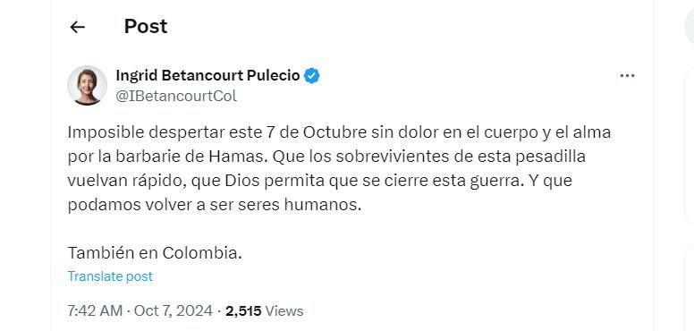 Ingrid Betancourt  lamentó el atentado terrorista de Hamas a Israel - crédito @IBetancourtCol