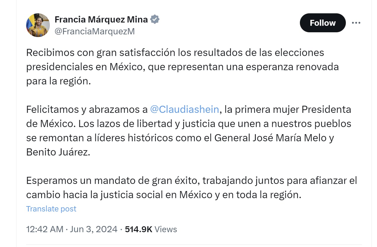 Francia Márquez celebró resultados electorales en México - crédito @FranciaMarquezM/X