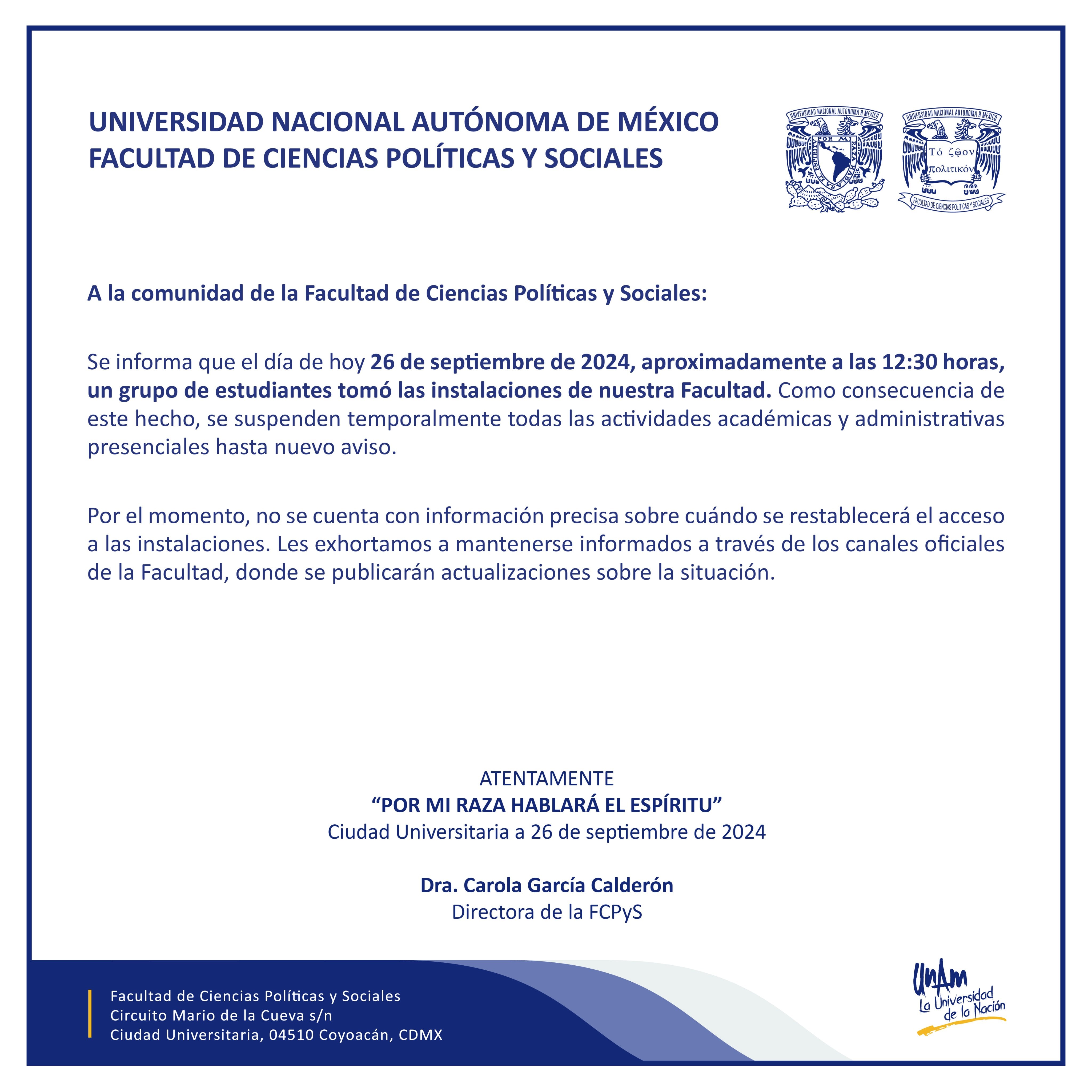 Comunicado Facultad de Ciencias Políticas UNAM