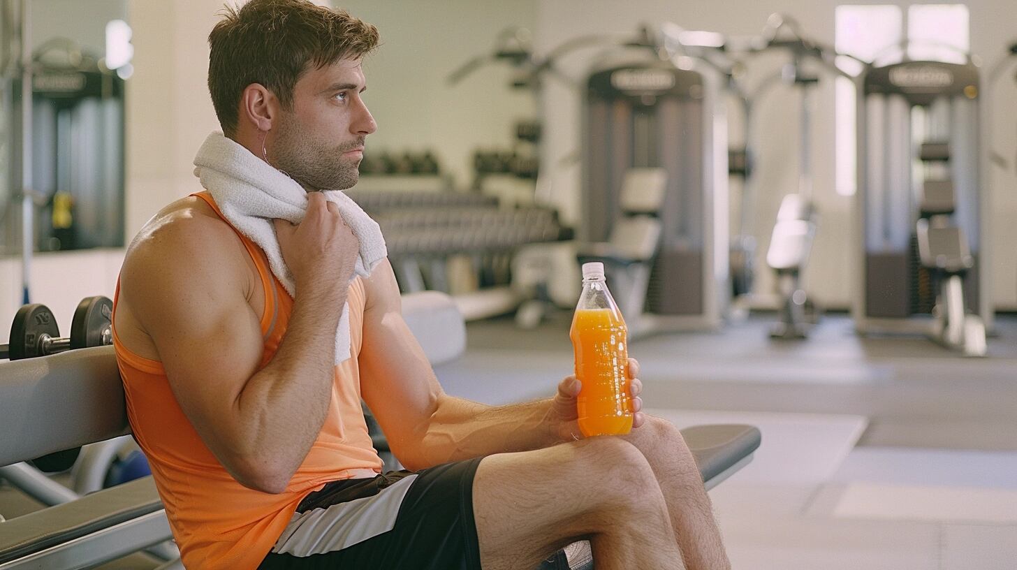 Hombre recobrando energías en un gimnasio mediante la hidratación con jugo de naranja, enfatizando la importancia de reponer líquidos y vitaminas después del ejercicio. La escena ilustra el compromiso con la salud y la vida sana, destacando la combinación de actividad física y nutrición balanceada como clave para el bienestar. (Imagen ilustrativa Infobae)