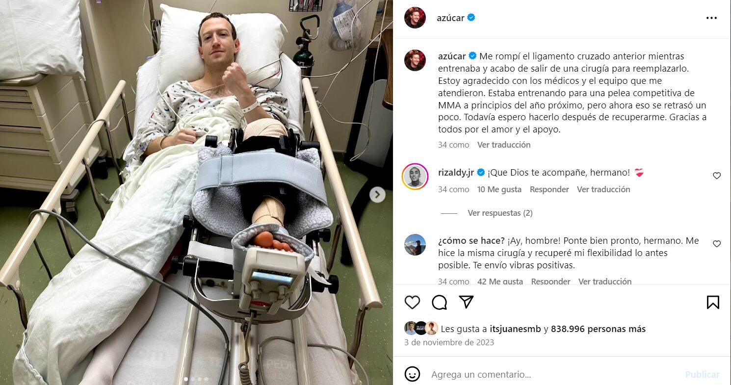 Zuckerberg se rompió el ligamento cruzado de una de sus piernas. (Instagram: zuck)