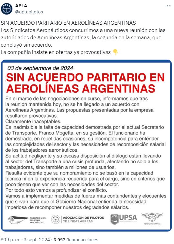 APLA comunicado Aerolíneas Argentinas