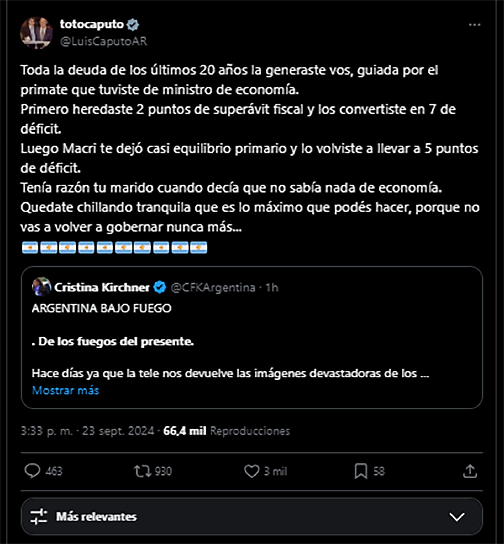 Luis Caputo le respondió a Cristina Kirchner