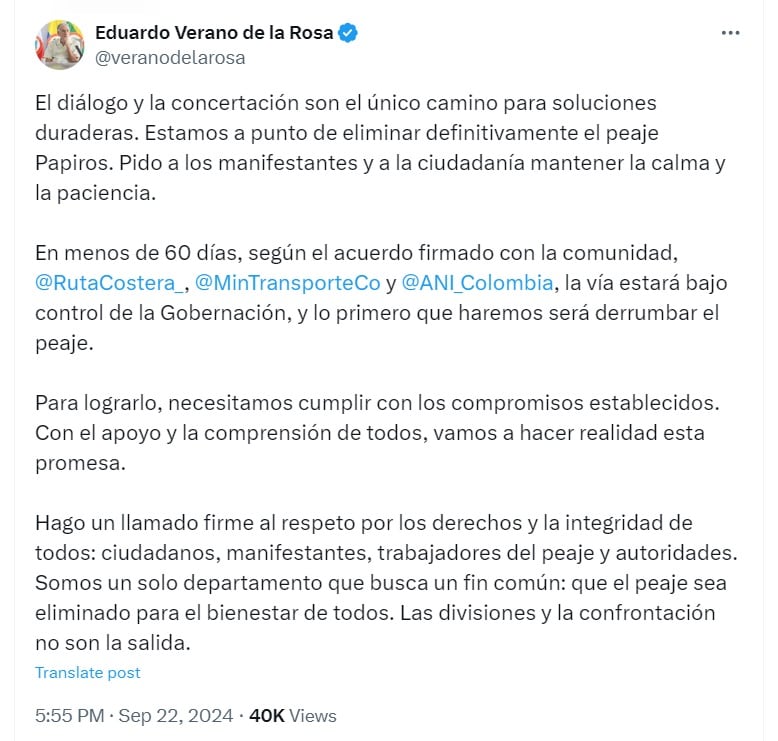 El gobernador insistió en que la violencia no soluciona la problemática del peaje Papiros en Puerto Colombia - crédito @veranodelarosa/X