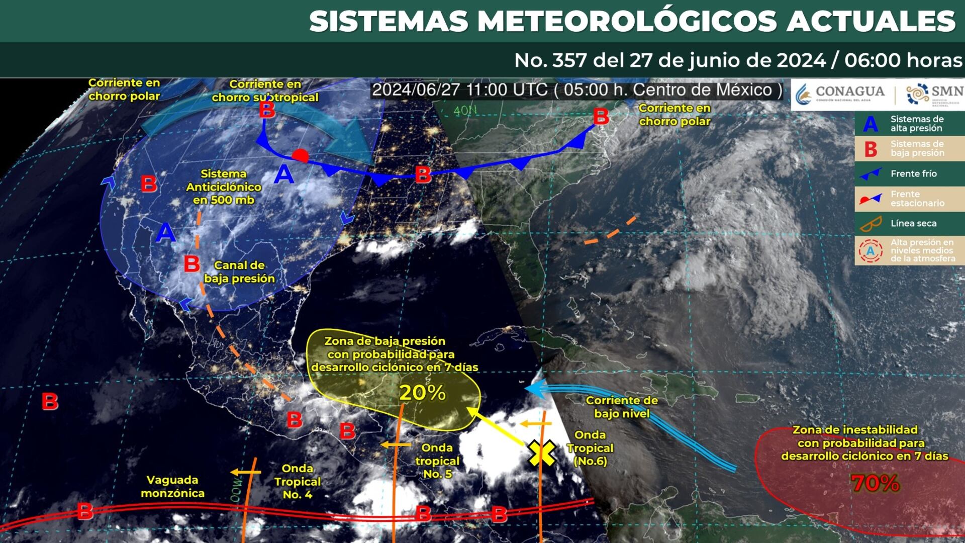 Mapa del SMN con los sistemas meteorológicos que influirán en el clima de México este jueves 27 de junio