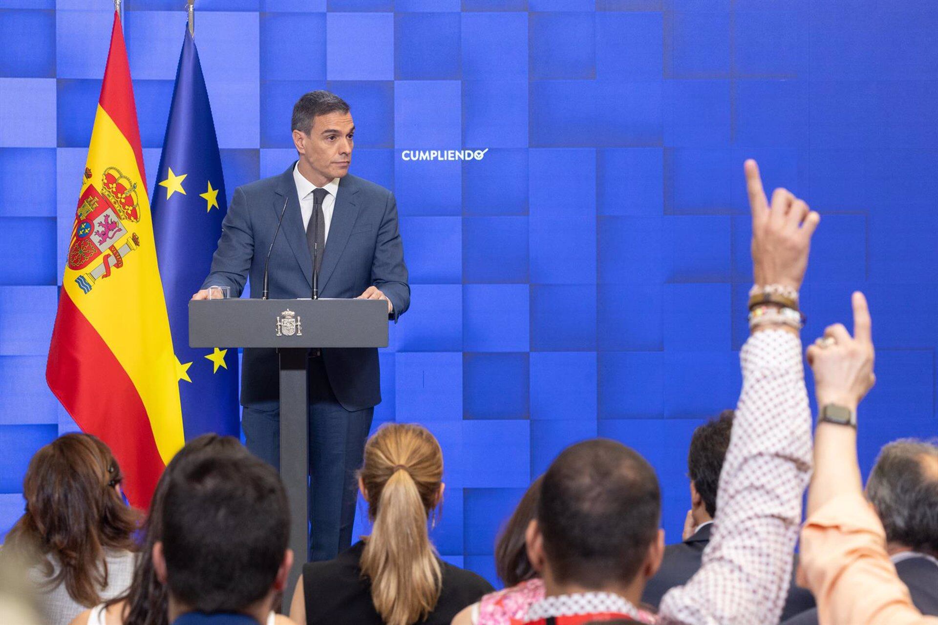 El presidente del Gobierno, Pedro Sánchez, comparece para hacer balance del curso político, en el Complejo de la Moncloa. (Eduardo Parra./ Europa Press) 