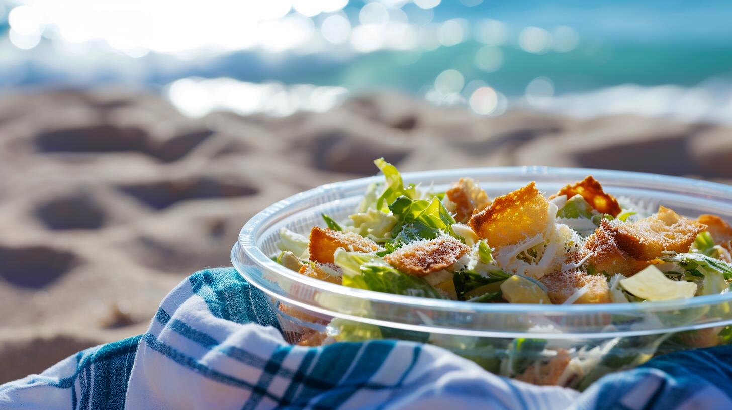 Plato de ensalada Caesar servido en una lona sobre la arena de la playa, destacando la importancia de una alimentación saludable incluso en momentos de ocio y vacaciones. La fotografía muestra una combinación deliciosamente equilibrada de vegetales frescos en un entorno relajante y vacacional. (Imagen ilustrativa Infobae)